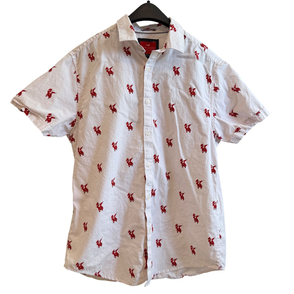 Denim & Flower Button Down Mens Medium White Dabbing Santa Short Sleeve Shirt